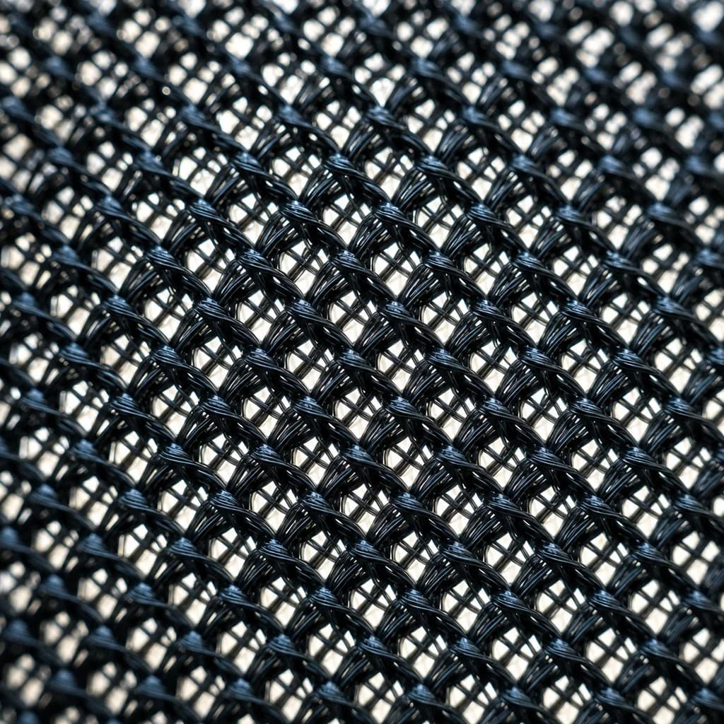 Close-up of black knitted HDPE mesh showing the open weave structure